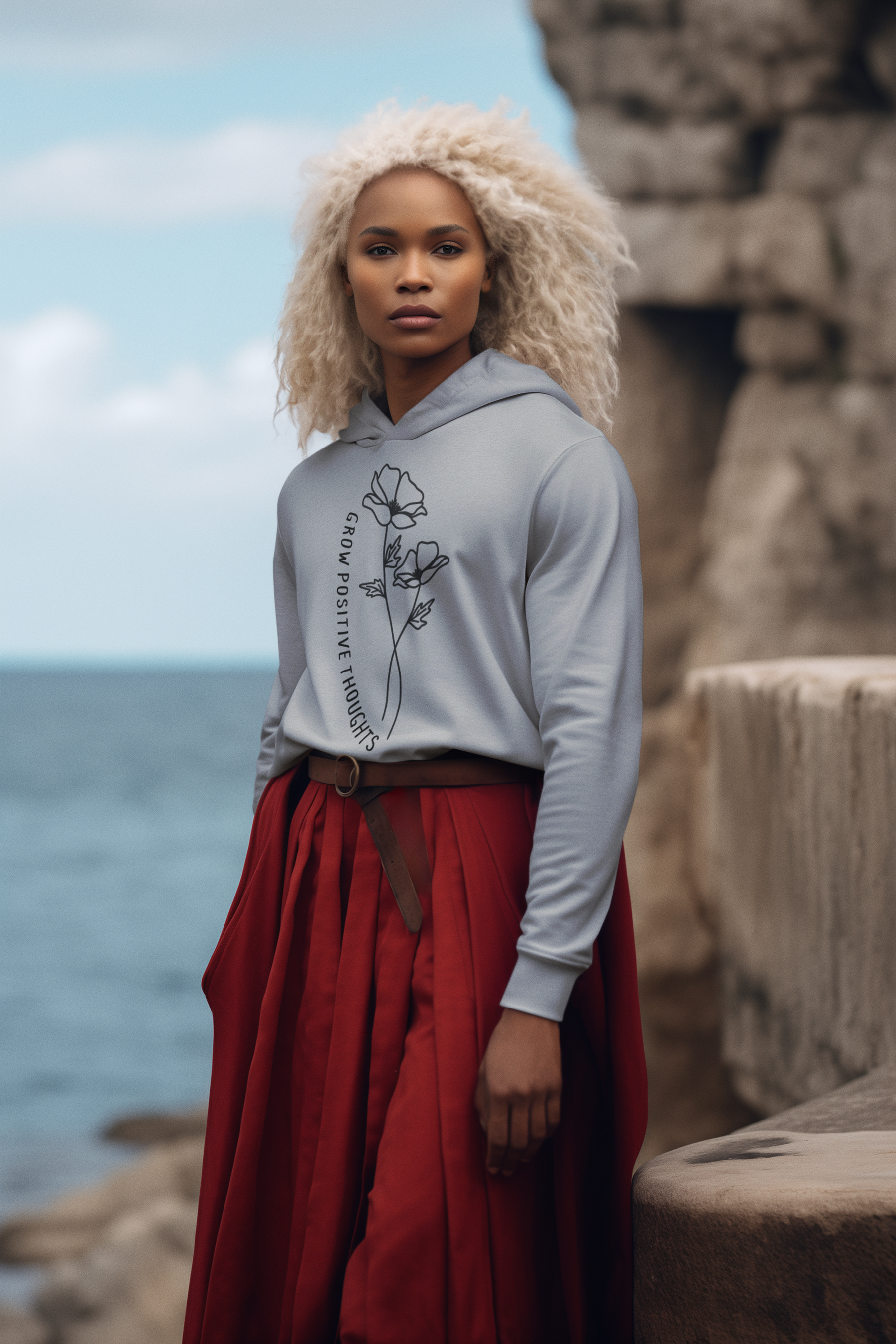 🖤 Grow Positive Thoughts – Charcoal Floral Line Art | Minimal DTF Transfer FT814