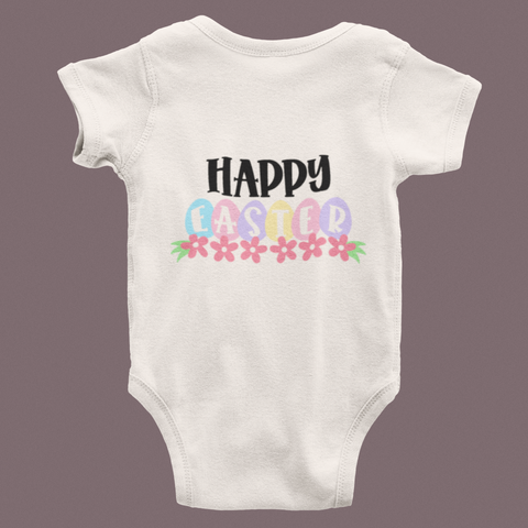 🌈 Happy Easter Cute Pastel Eggs & Flowers & Black Font Design DTF Transfer FT361