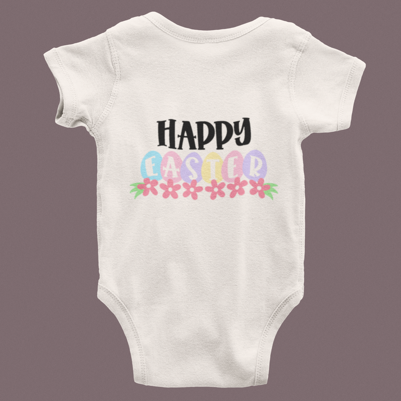 🌈 Happy Easter Cute Pastel Eggs & Flowers & Black Font Design DTF Transfer FT361