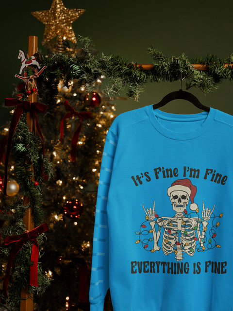 🎄 “It’s Fine I’m Fine – Everything Is Fine” Christmas Skeleton in Black DTF Transfer FT455