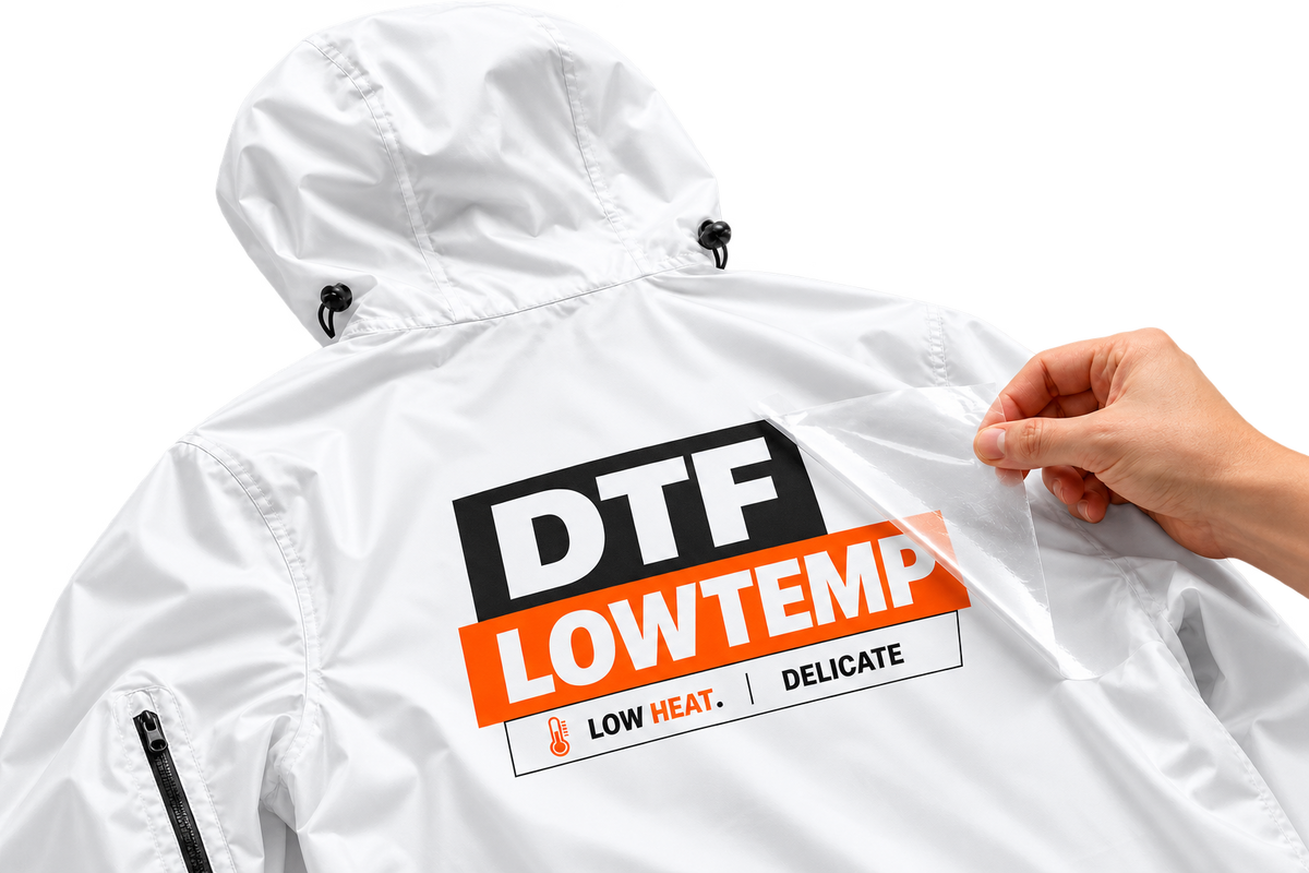 Falcon LowTemp DTF transfer being peeled from a white hooded jacket