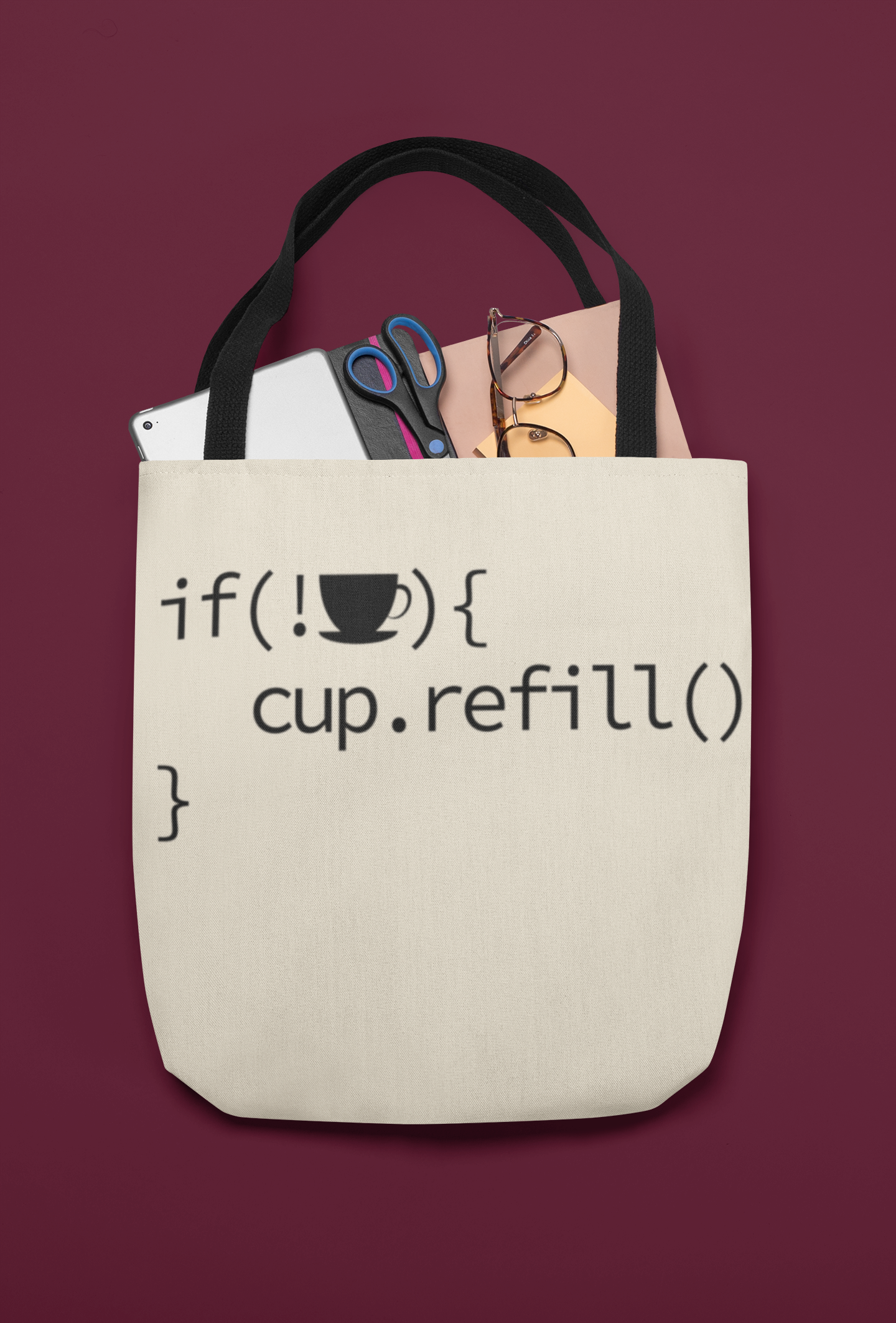☕💻 if (!☕) { cup.refill(); } – Programmer Humor Black Font DTF Transfer FT626
