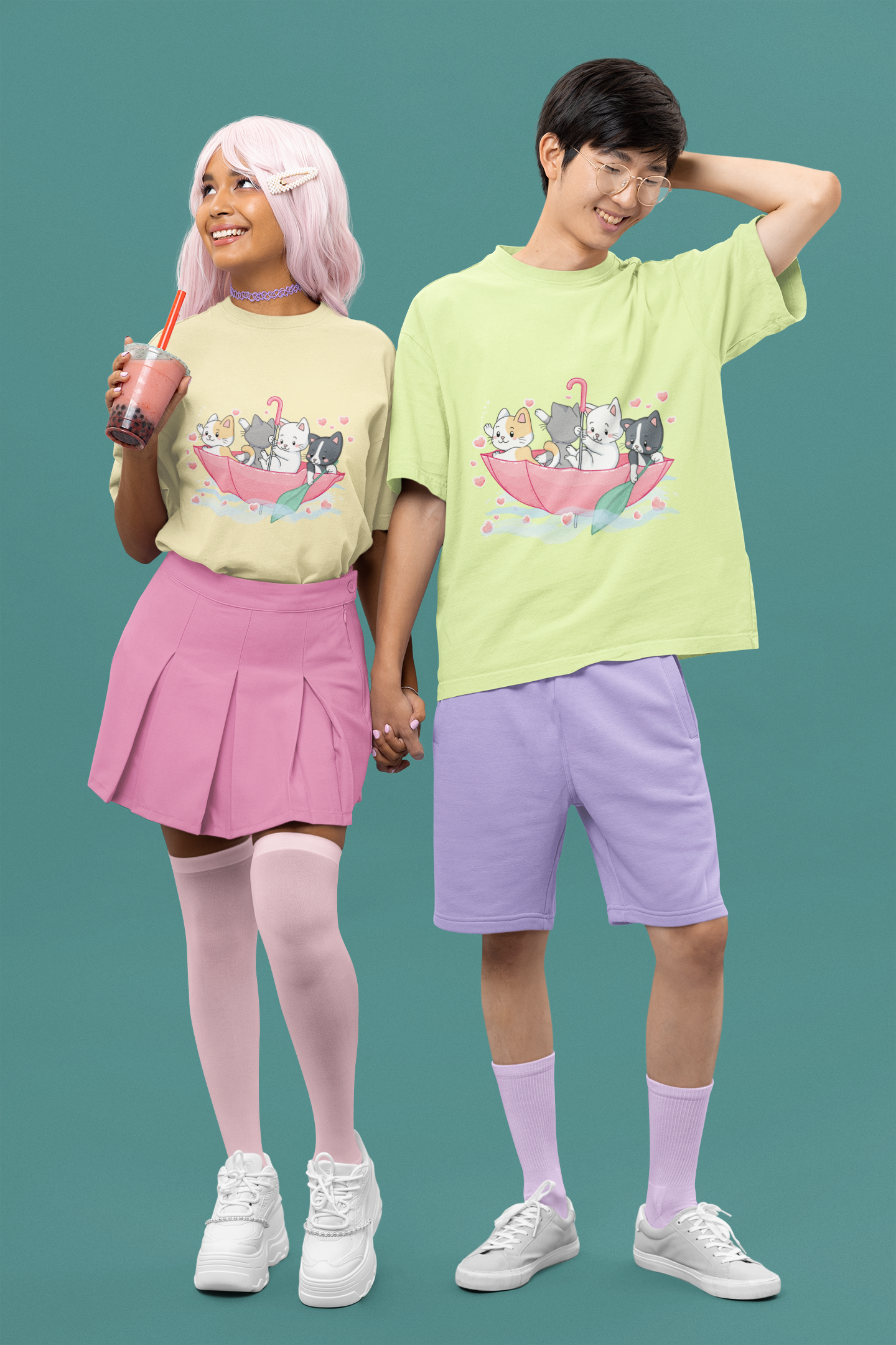 💕 Purr-fect Together – Cute Cats Umbrella Boat DTF Transfer FT760