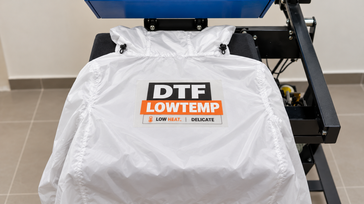 Low Temp DTF transfer positioned on a charcoal garment before heat pressing