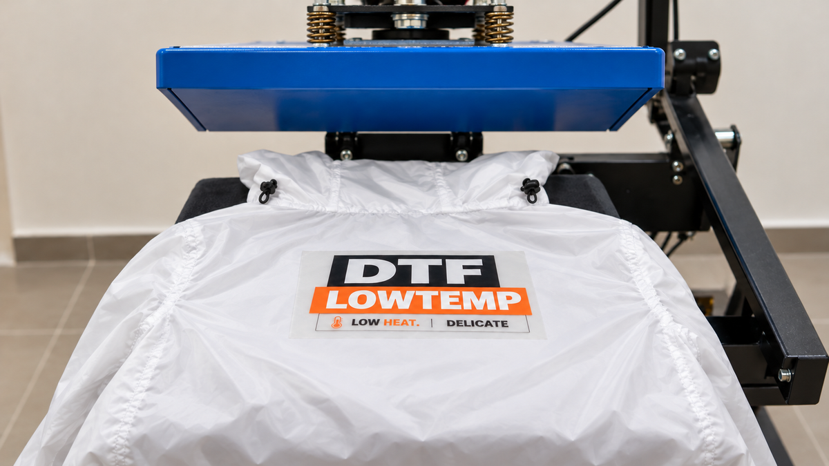 Heat press positioned over a DTF transfer on a garment