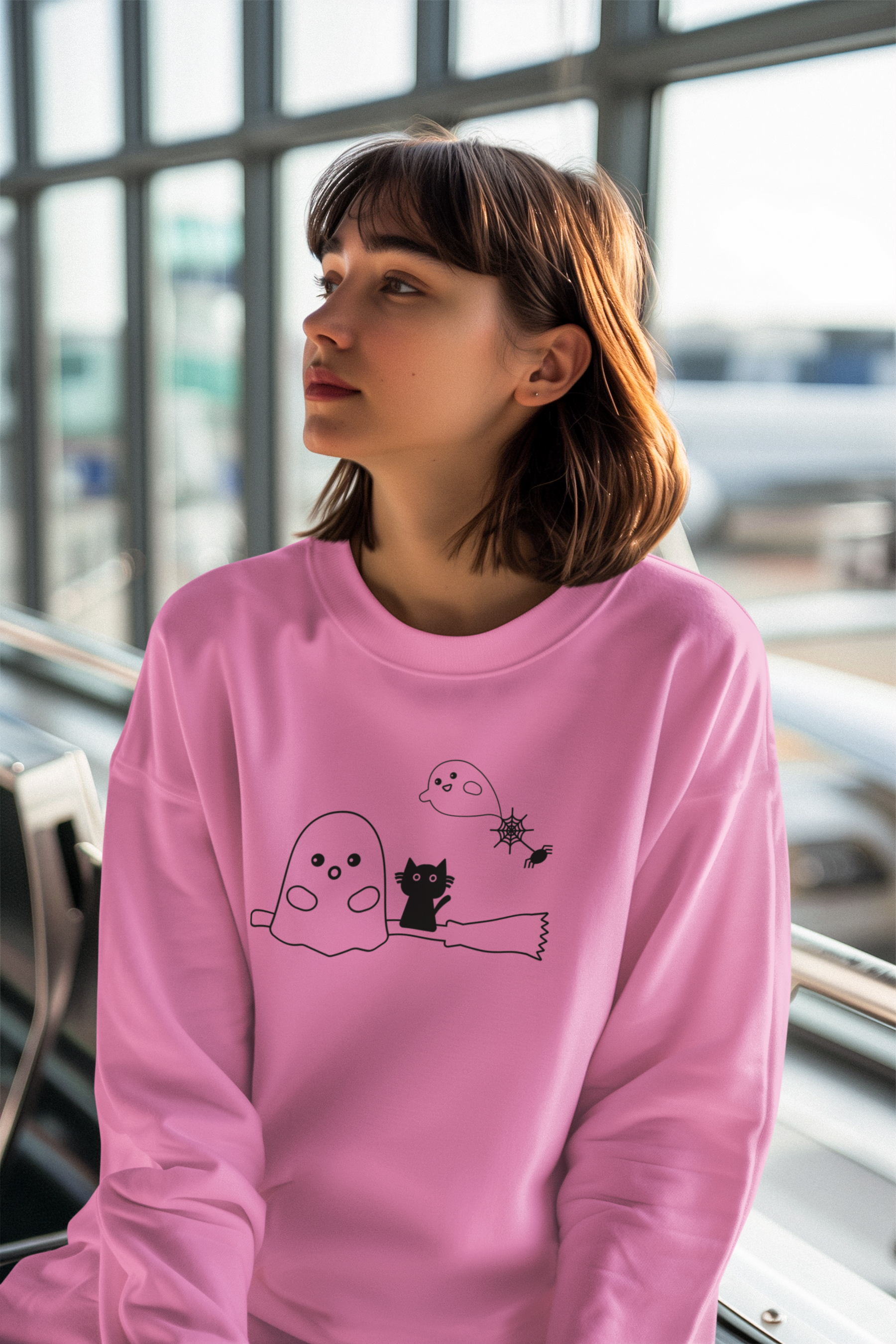 🎃 Cute Ghost & Cat on Broom Black DTF Transfer FT545