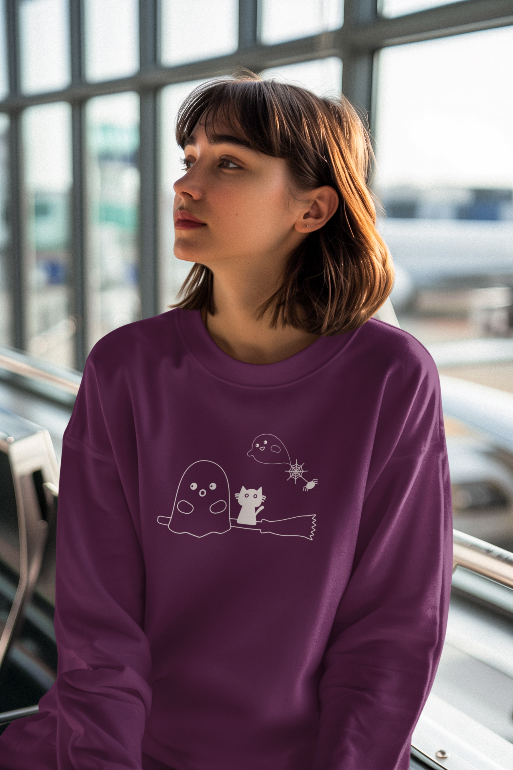 🎃 Cute Ghost & Cat on Broom White DTF Transfer FT544