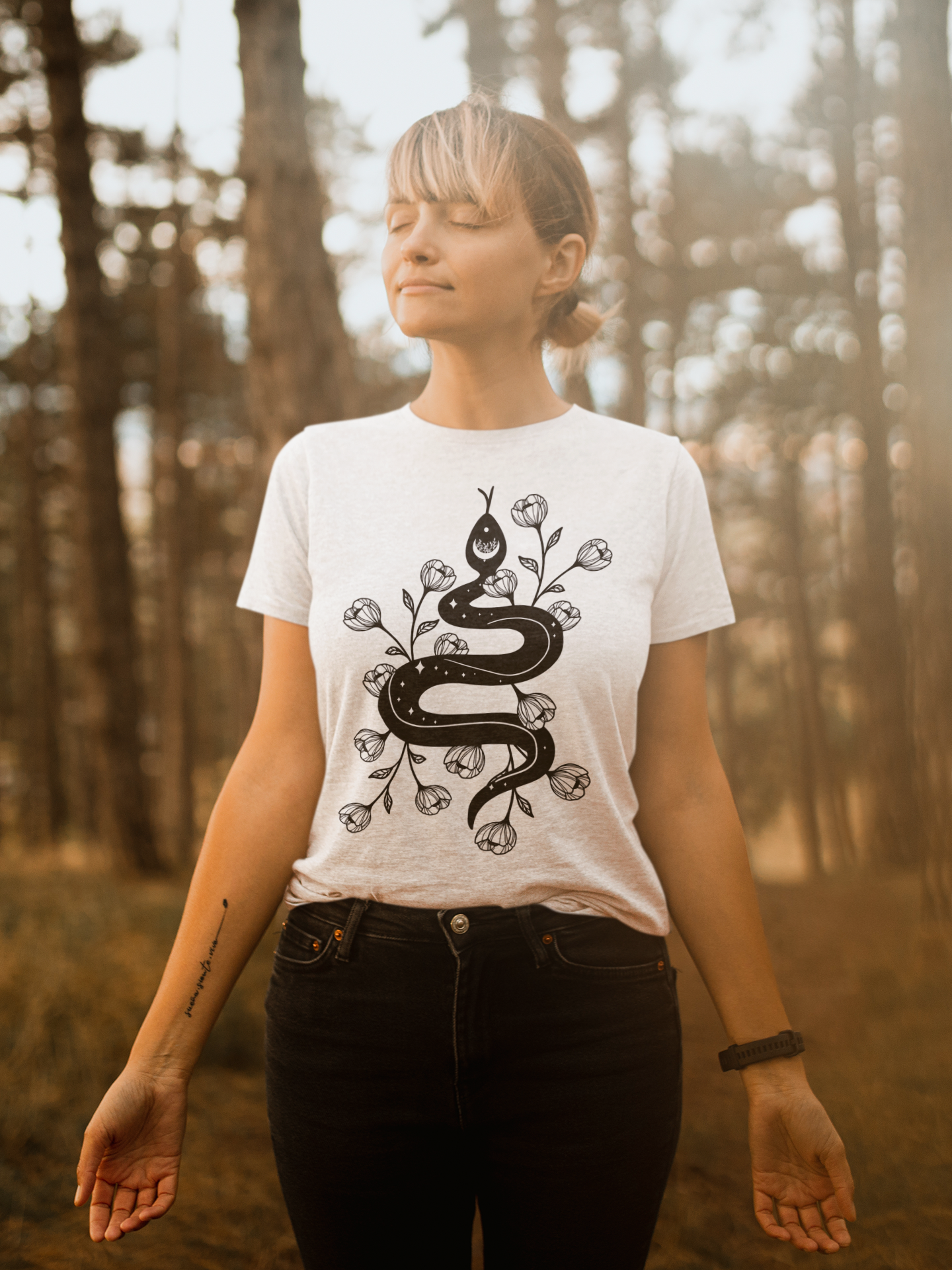 🐍 Sacred Bloom – Serpent of Transformation | Black Line DTF Transfer FT775